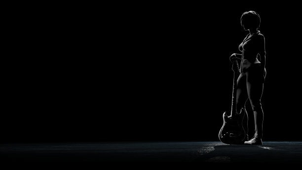 女孩与电吉他站着，而持有吉他之间的双腿3d渲染图片下载