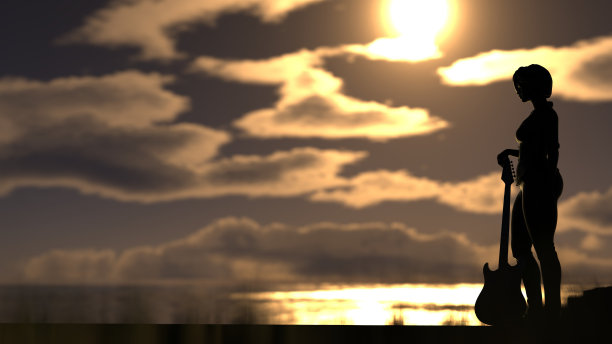 女孩站在她的电吉他在太阳和云在深夜户外3d渲染图片下载