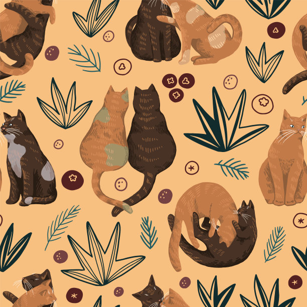 猫情侣在爱情平面手绘矢量无缝模式。卡通风格的彩色壁纸。抽象浪漫的动物背景。为印刷，情人节，包装，纺织，织物，装饰，卡片设计。图片下载