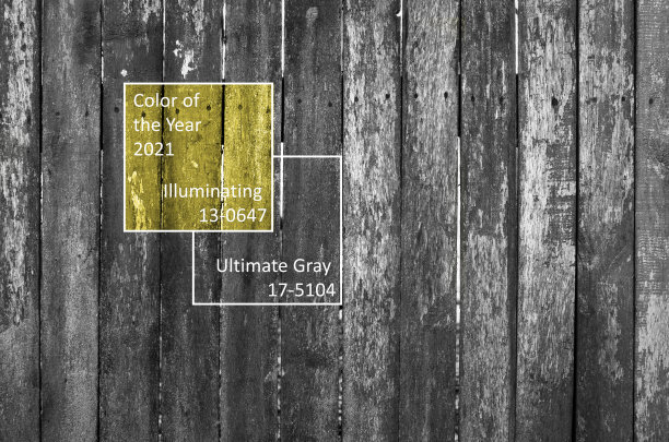 背景用灰色木镶板。背景色调为黄色和灰色，表面自然纹理。文本与2021年的新颜色名称照明和终极灰色图片下载