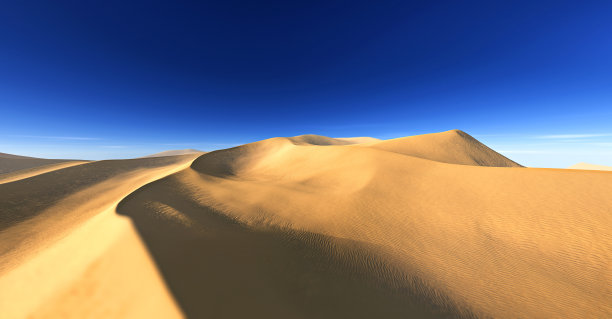 美丽的沙丘。沙漠景观与阳光。沙漠景观全景。日落或日出的沙滩，3D渲染图片下载