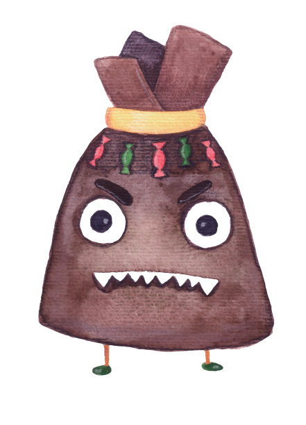 水彩儿童插图。可怕的角色愤怒的糖果怪物在一个袋子的形状。图片下载
