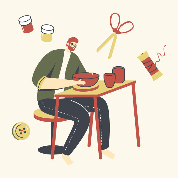 陶艺家男性人物与轮子在桌子上图片下载