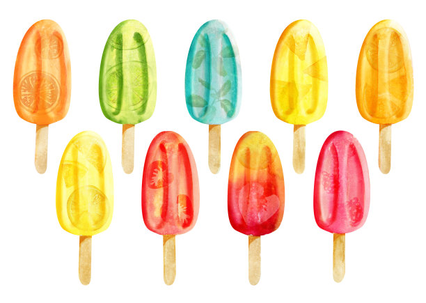 水彩设置明亮的冰棍与水果孤立在白色图片下载