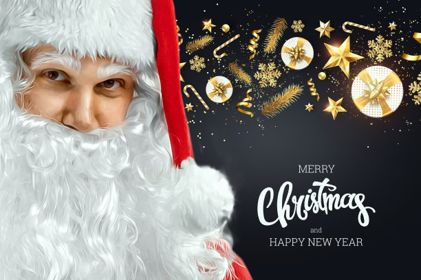 一个快乐的圣诞老人在黑暗的背景下穿着红色的衣服，上面写着“圣诞快乐”。概念圣诞前夕，假期，假日横幅。3D插图，3D渲染。图片下载