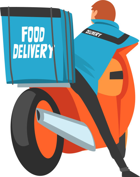送餐员背着背包，背对盒子图片下载
