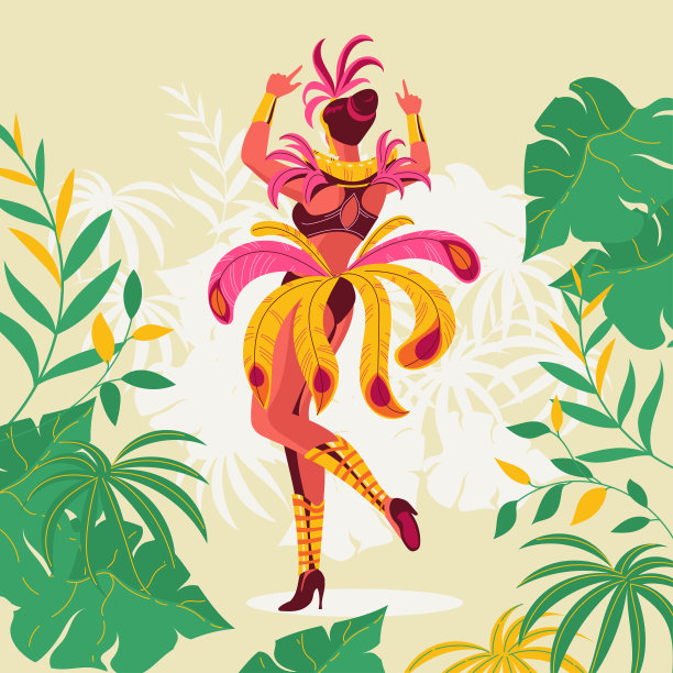 异国情调的巴西狂欢节舞者与热带树叶背景矢量插图图片下载