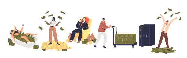 一组富有的人有很多钱:漫画与成堆的货币扔钞票向上图片下载