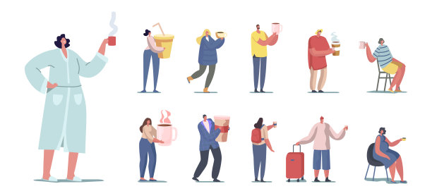 一组饮用不同饮料的人。小小的男性和女性角色拿着巨大的杯冷饮和热饮图片下载