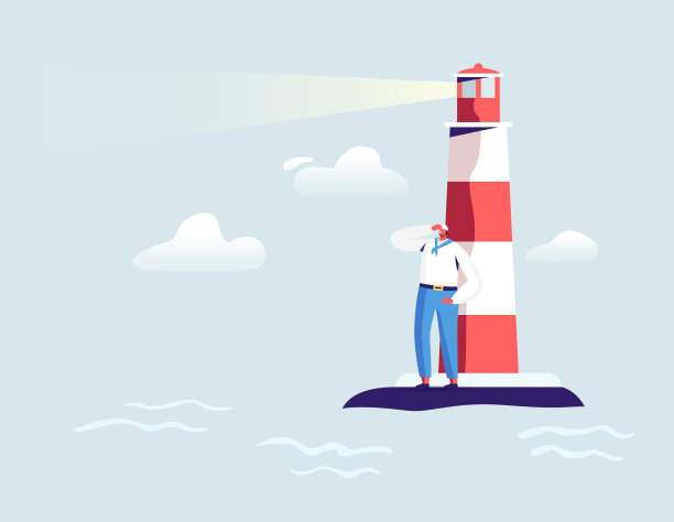 年轻英俊的水手站在灯塔在海洋看远。男性角色在白色制服和帽子。船船员在工作图片下载