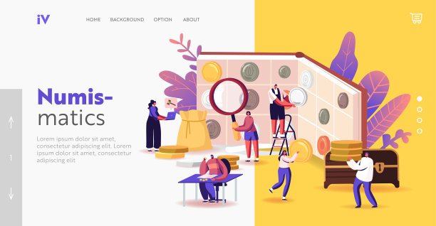 钱币登陆页面模板。微型字符在巨大的相册与硬币收集。钱币收藏家收集旧硬币图片下载