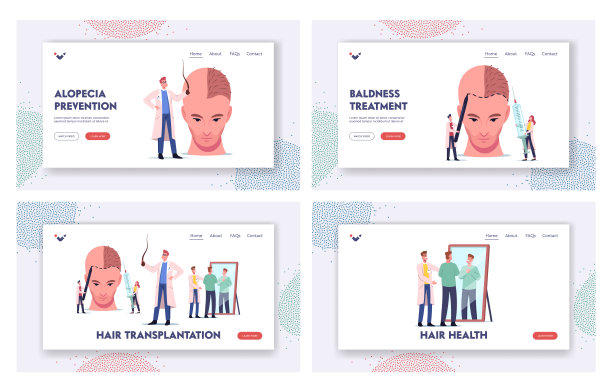 整形手术，脱发着陆页面模板设置。在巨大的男性头部做头发移植的小医生图片下载