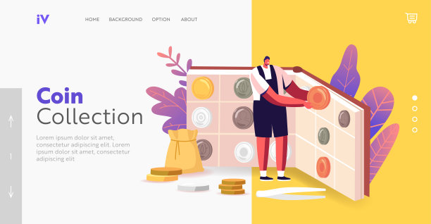 男人收集硬币着陆页模板。钱币爱好者的爱好或钱币专业。微小的字符在巨大的专辑图片下载