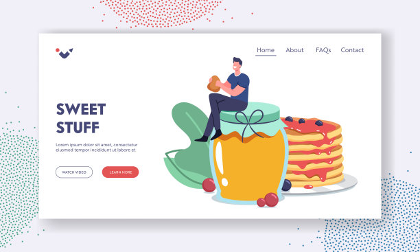早餐登陆页面模板。小男人坐在放蜂蜜的大玻璃罐子上吃自制的新鲜煎饼图片下载