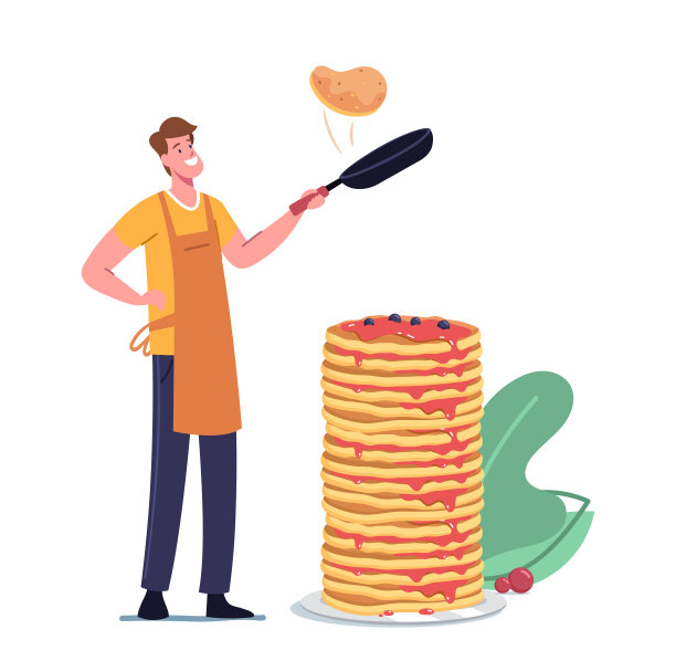 穿围裙的快乐青年在平底锅上煎薄饼和一叠烤薄饼做早餐。男性角色做饭图片下载