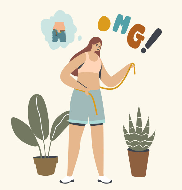 女性人物测量腰围惊讶体重增加和衣服变小。年轻女性不健康饮食图片下载