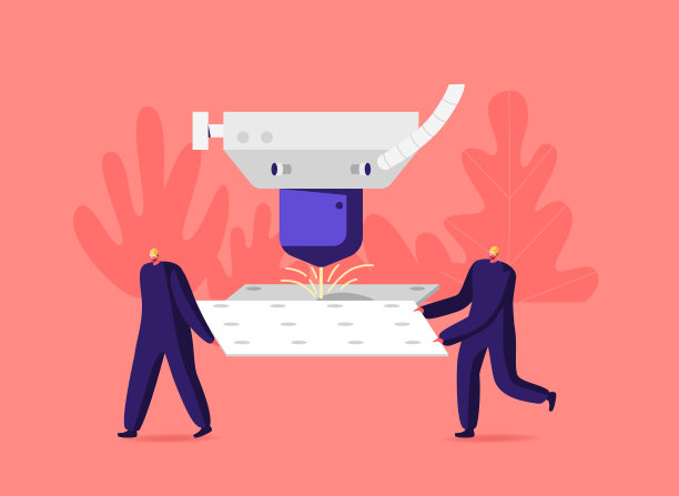 在工厂里，穿着工人制服和安全帽的微小男性角色用激光切割巨大的金属细节图片下载