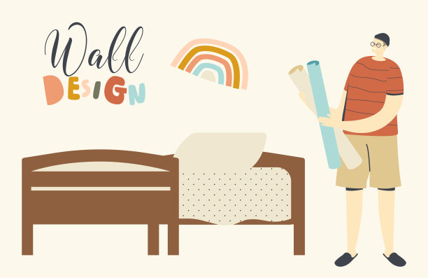 家居设计翻新，创意理念。男主角站在卧室里，贴着一卷装饰贴纸图片下载
