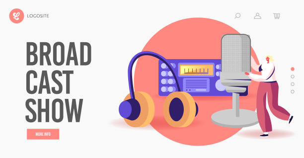 业余广播工作室登陆页模板。小女性角色与巨大的麦克风或耳机在无线电图片下载