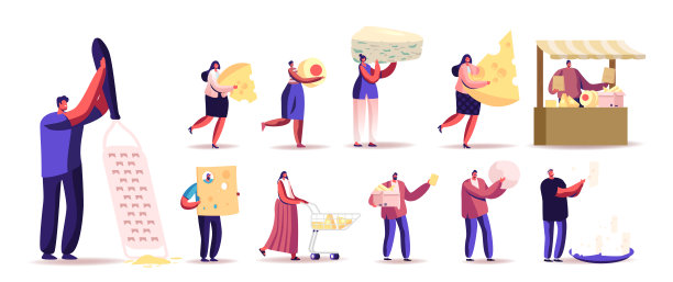 一组有着不同奶酪类型的人。微小的男性和女性角色持有巨大的乳制品，出售图片下载