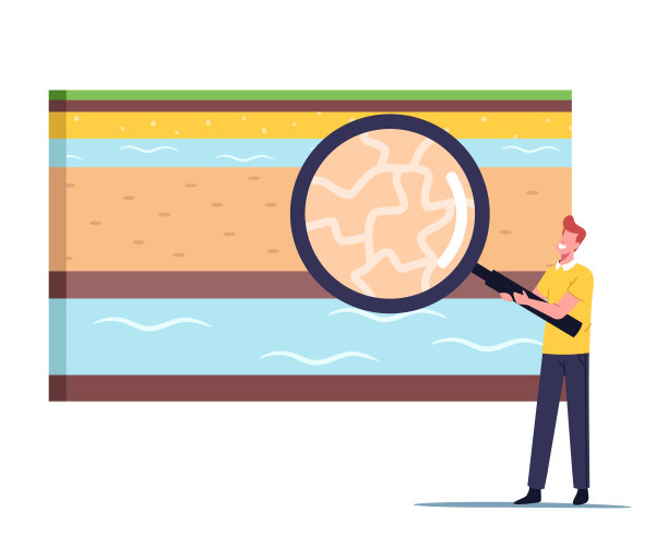 微小的男性特征与巨大的放大镜呈现地层横断面视图的地下水开采图片下载