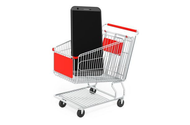 智能手机内购物车，3D渲染孤立的白色背景图片下载