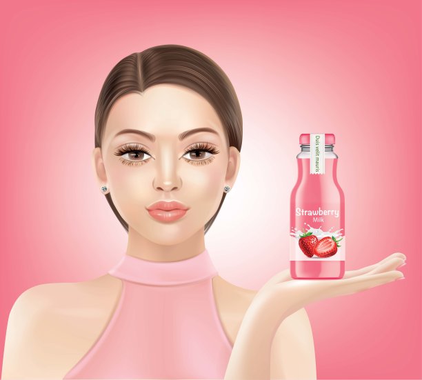 一个美丽的女人用草莓汁画画。图片下载