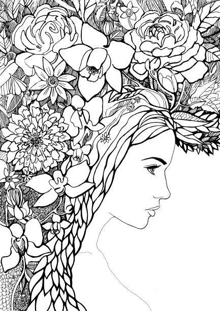 带着花叶头发的少女。图形黑白绘图。3月8日前为杂志、杂志封面、小册子、明信片制作春季插图图片下载