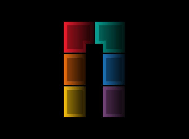 N字母向量设计，彩色字体标识。动态分割红，蓝，橙，绿，紫，黄颜色上的黑色背景。社交媒体，设计元素，创意海报，网页模板图片下载