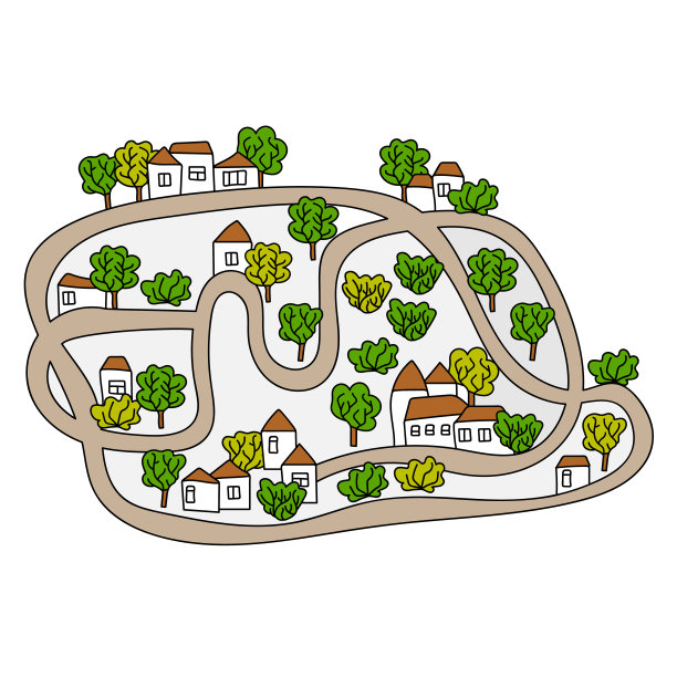 乡村景观有树木，河流，桥梁和湖泊。小房子。游戏垫，棋盘游戏，儿童房间的海报图片下载