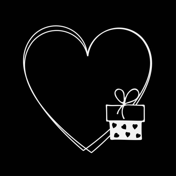 心形框架与礼盒。情人节或婚礼日模板。爱的贺卡。黑白涂鸦插图。空白的空间。心形边框的文字，照片，保存日期，标志。图片下载