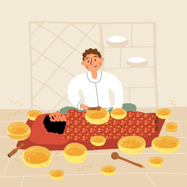 唱歌碗治疗会议。一个男人坐在垫子上，一个女游客躺在旁边，很多金属碗在周围振动。矢量手绘横幅。图片下载