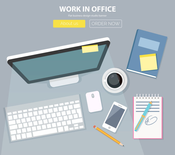 平面风格的现代创意办公空间设计理念。图标集合的业务工作流程项目和元素，办公用品，对象和设备的工作场所设计。向量图片下载