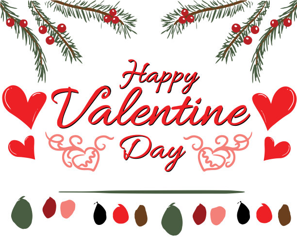 情人节问候插图与心，松树，红樱桃印刷或数字设计图片下载