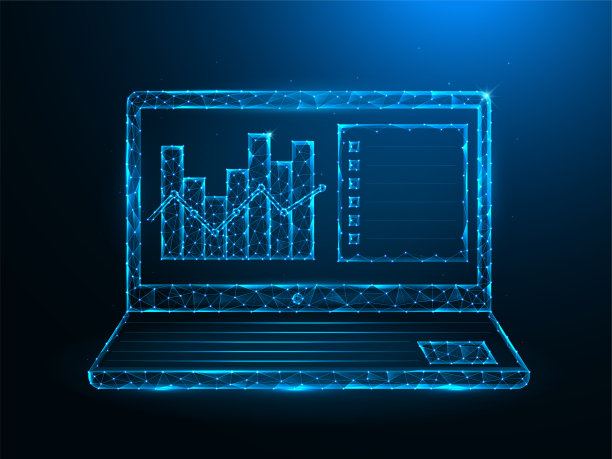 笔记本电脑和分析数据低聚艺术。笔记本和数据分析图形多边形矢量插图在蓝色的背景。图片下载