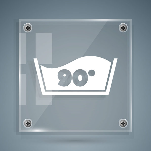 白色洗涤在90摄氏度下图标孤立在灰色背景。洗涤温度。方形玻璃面板。向量图片下载