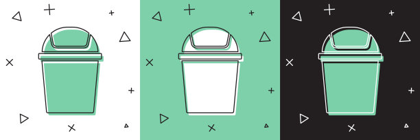 设置垃圾桶图标孤立在白色和绿色，黑色背景。垃圾桶的迹象。回收篮图标。办公室垃圾图标。向量图片下载