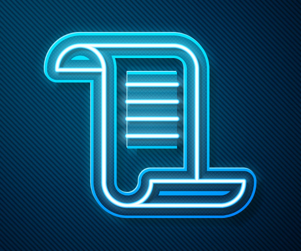 发光的霓虹灯线古老的魔法书与炼金术配方和神秘的咒语和结界图标孤立在蓝色的背景。向量图片下载