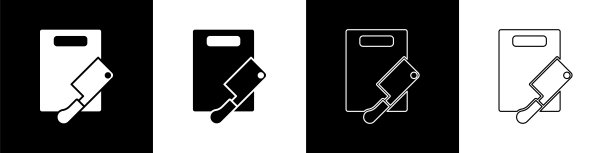 设置砧板和肉直升机图标隔离在黑白背景上。切肉刀。砧板符号。向量图片下载