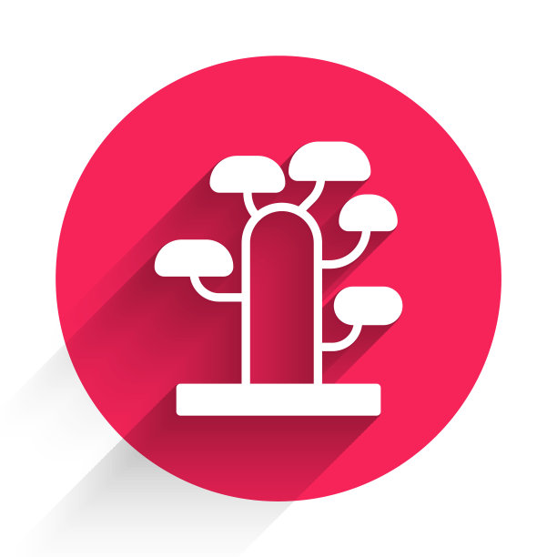 白色非洲树图标孤立与长影子。猴面包树、金合欢等。红色圆圈按钮。向量图片下载