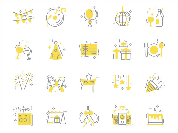 一套庆祝细线图标，生日，聚会，新年图片下载