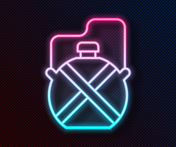 发光霓虹灯水壶图案，黑色背景，旅行水壶，野营用水罐矢量图片下载