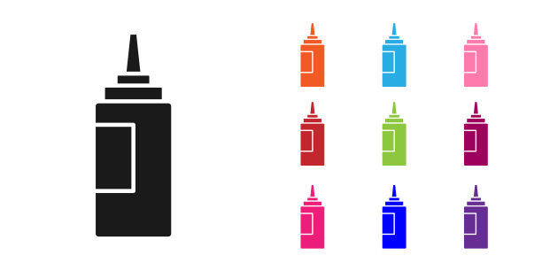 黑色酱瓶图标孤立的白色背景。番茄酱、芥末酱和蛋黄酱瓶子和快餐酱。设置图标丰富多彩。向量图片下载