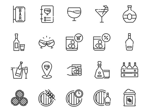 一套酒精细线图标，饮料，酒吧，酒吧图片下载