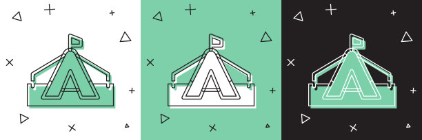 设置游客帐篷图标孤立在白色和绿色，黑色背景。露营的象征。向量图片下载