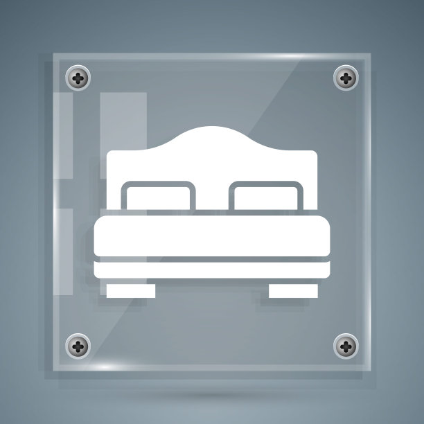 白色酒店房间床图标孤立在灰色背景。方形玻璃面板。向量图片下载