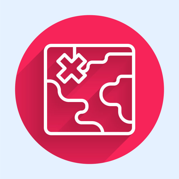 白色线非洲狩猎地图图标孤立与长阴影。红色圆圈按钮。向量图片下载