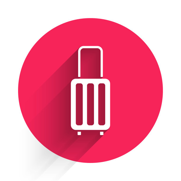 白色旅行箱旅行图标孤立与长影子。旅行的行李的迹象。旅行的行李图标。红色圆圈按钮。向量图片下载
