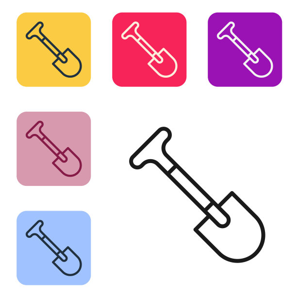 黑线铲子图标孤立在白色背景。园艺工具。园艺、农业、农业的工具。设置图标的颜色方形按钮。向量图片下载