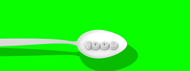 一个刻有“食物”字样的勺子，3D插图，3D渲染。图片下载